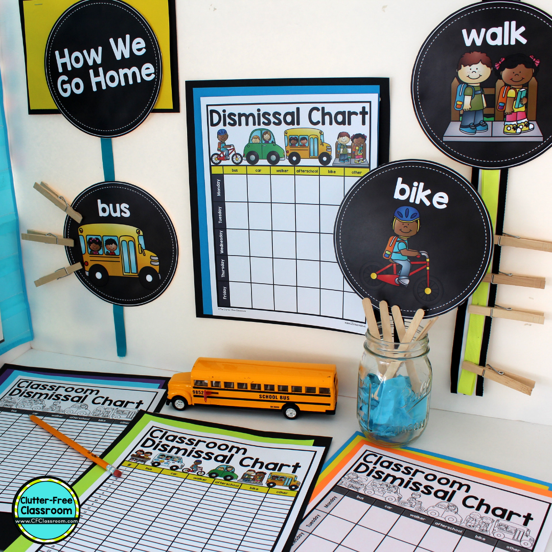 As you get ready to go back to school, think about the organization and management strategies you have for dismissal to make sure you know how students get home. Use anchor charts, displays, bulletin boards and other simple strategies from the Clutter Free Classroom.  #classroomsetup #classroomdesign