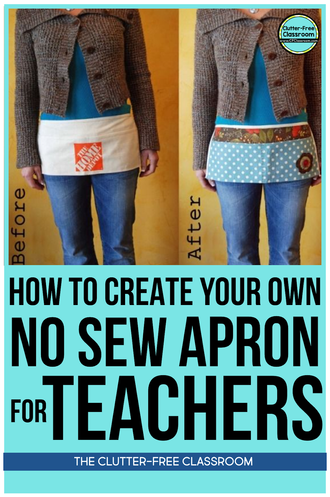 Check out this classroom organization tutorial to help you become a more organized teacher. This post provides step-by-step directions on how to create a DIY low cost no-sew teacher apron with pockets.