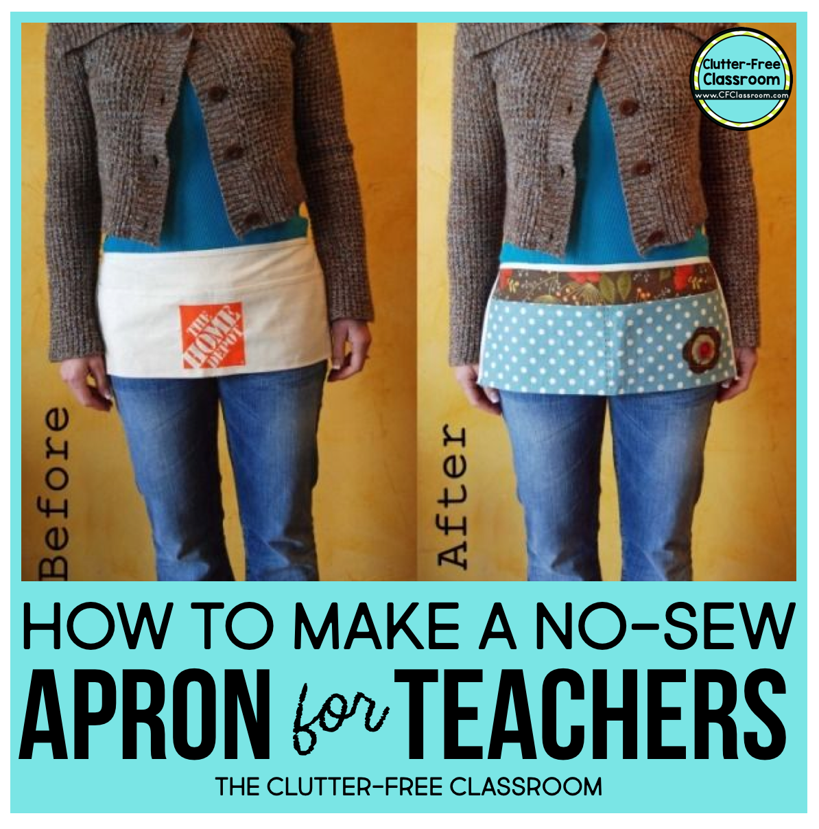 Check out this classroom organization tutorial to help you become a more organized teacher. This post provides step-by-step directions on how to create a DIY low cost no-sew teacher apron with pockets.