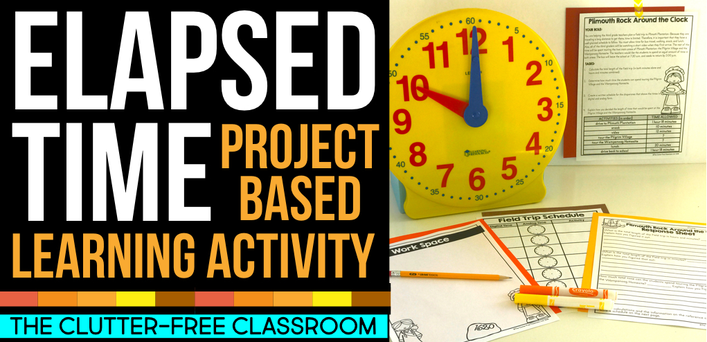 Elapsed time strategies will help third grade & 4th graders with word problems, worksheets, on assessments & with other projects that require critical thinking. Using a number line is a great strategy to use when completing elapsed time activities, task cards, performance based assessments & project based learning activities. Use the example on an anchor chart & the Clutter-Free printables in your guided math lesson to provide practice to 3rd grade, fourth grade or homeschool students.