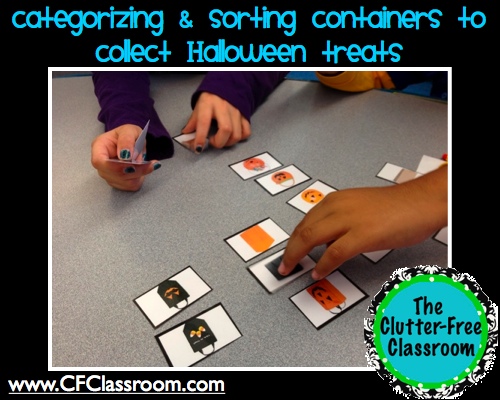 two students sorting halloween treats cards