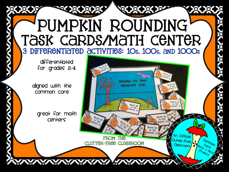 Pumpkin-themed task cards and place mat activity for teaching rounding to the nearest 10, 100 and 1,000
