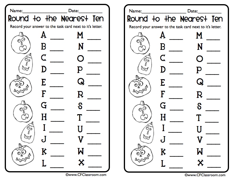 Pumpkin-themed recording sheet for teaching rounding to the nearest 10