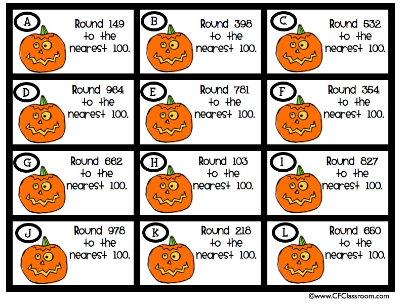 Pumpkin-themed task cards for teaching rounding to the nearest 100