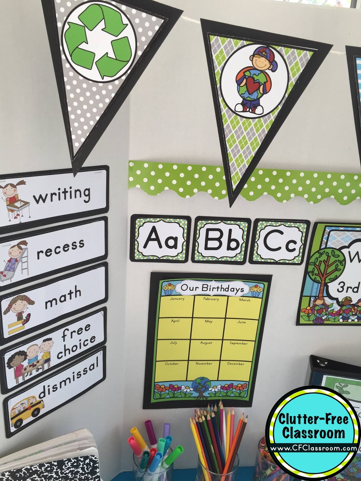 Are you planning a recycling themed classroom or thematic unit? This blog post provides great decoration tips and ideas for the best recycling theme yet! It has photos, ideas, supplies & printable classroom decor to will make set up easy and affordable. You can create a recycling theme on a budget!