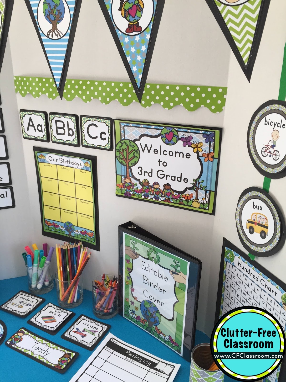 Are you planning a recycling themed classroom or thematic unit? This blog post provides great decoration tips and ideas for the best recycling theme yet! It has photos, ideas, supplies & printable classroom decor to will make set up easy and affordable. You can create a recycling theme on a budget!