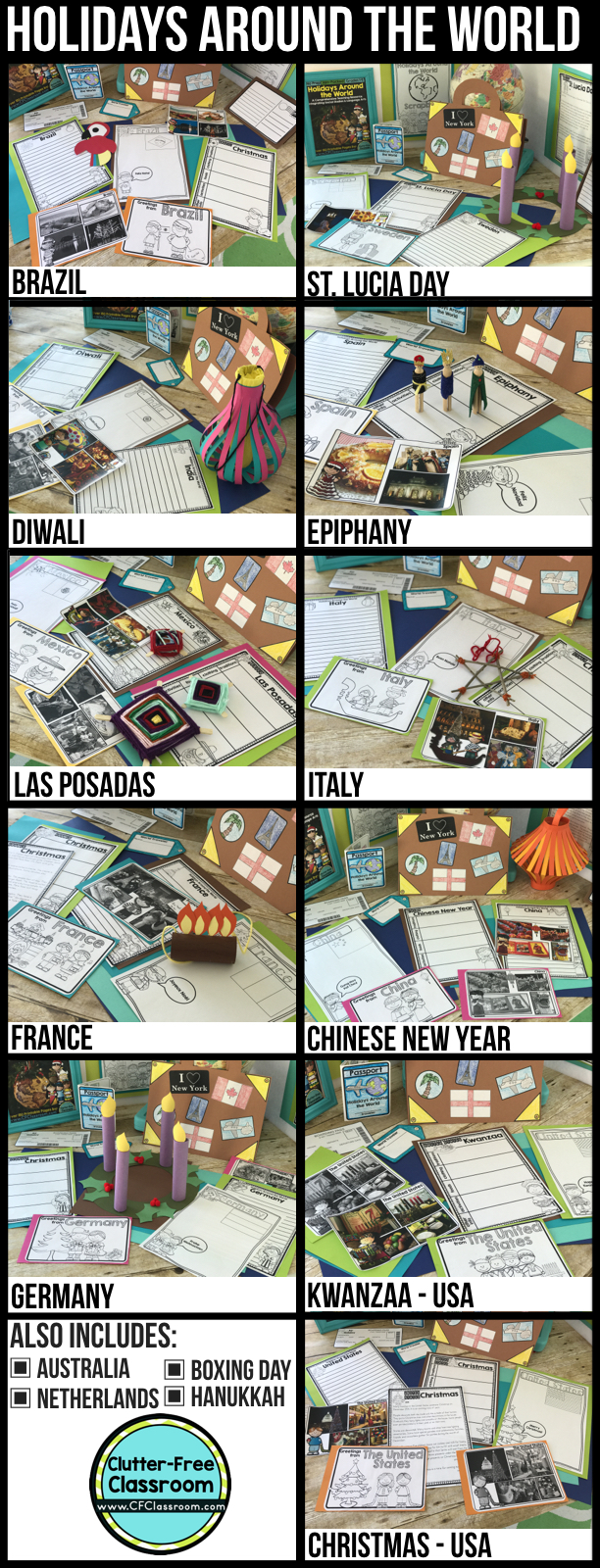 A Holidays Around the World Unit full of activities, close reads, crafts, writing, & social studies lessons for 12 countries / holidays makes learning in December fun for students. Make a passport, suitcase, & map to track travel. Learn about cultures through books, art, & videos. Clutter-Free Classroom has created printables to use as is or in interactive notebooks & lap books. Christmas Around the World is perfect for kids in 1st, 2nd, 3rd, 4th, 5th & Homeschool.