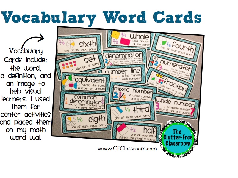 Fractions activities for 3rd grade (or even 2nd, 4th, or 5th) can be fun. Introducing and teaching a fractions unit is easy with these Clutter - Free worksheets and printables. Vocabulary, fraction strips, anchor charts and more are key to understanding fractions on a number line, ordering, comparing, reducing, decomposing, adding, subtracting, multiplying, and converting fractions to decimals on worksheets or in word problems.