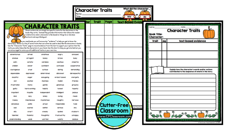 character traits worksheets from the Pumpkin Book Report