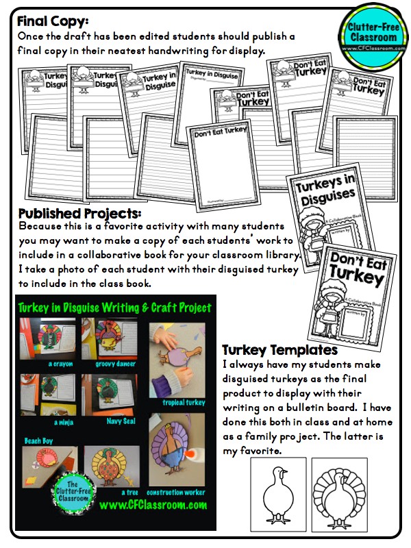 The Turkey in Disguise project is a fun activity for kids that makes a great bulletin board. If you need a family project letter, writing examples, rubric or ideas you'll find them here. This creative craft is a great lesson to pair with the books Turkey Trouble, Twas the Night Before Thanksgiving or Run, Turkey Run or just have students use the template to outline a descriptive or persuasive story. This post includes a free printable and links to writing paper and more.