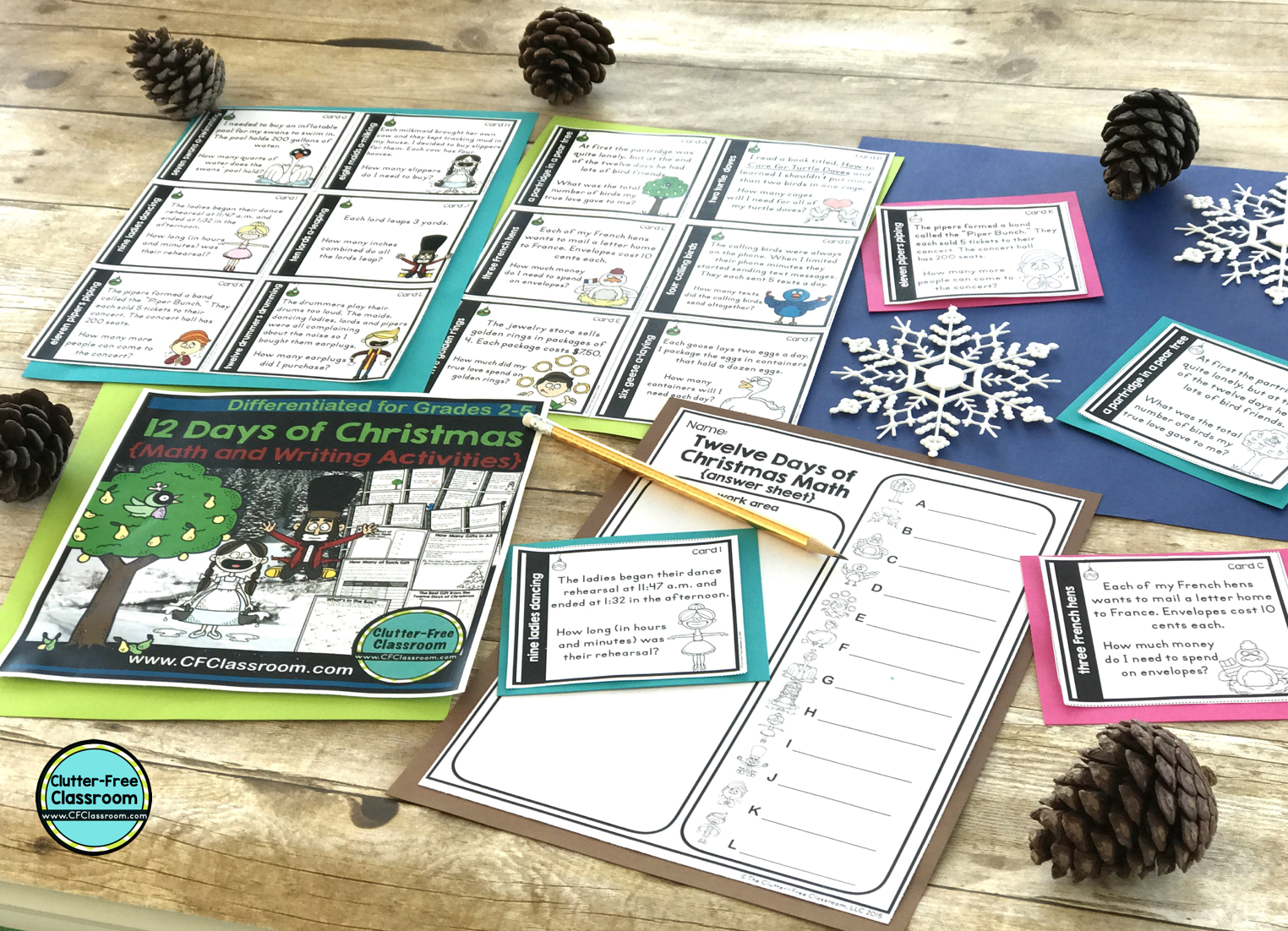 Take a look at these Christmas math and writing activities from the Clutter Free Classroom. These holiday math centers, games, worksheets, task cards, activities and enrichment are so fun! Each is based on the song The Twelve Days of Christmas and offers no prep review and practice of skills around the holidays. #Christmasmathactivities #Christmaswritingactivities #The12daysofChristmas #Decembermathactivites #Decemberwritingactivities #clutterfreeclassroom #cfclassroom