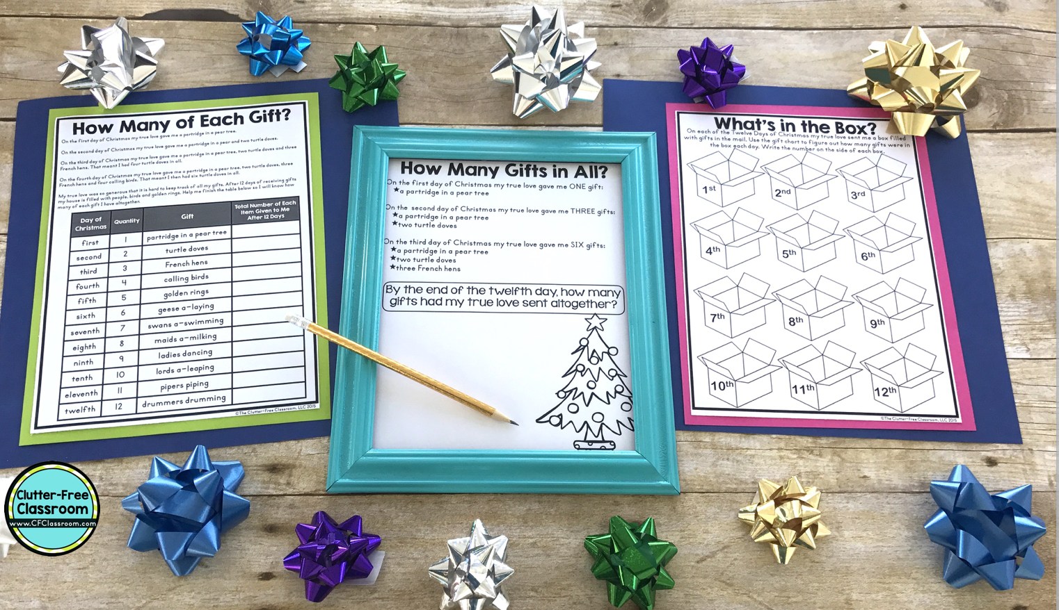 Take a look at these Christmas math and writing activities from the Clutter Free Classroom. These holiday math centers, games, worksheets, task cards, activities and enrichment are so fun! Each is based on the song The Twelve Days of Christmas and offers no prep review and practice of skills around the holidays. #Christmasmathactivities #Christmaswritingactivities #The12daysofChristmas #Decembermathactivites #Decemberwritingactivities #clutterfreeclassroom #cfclassroom