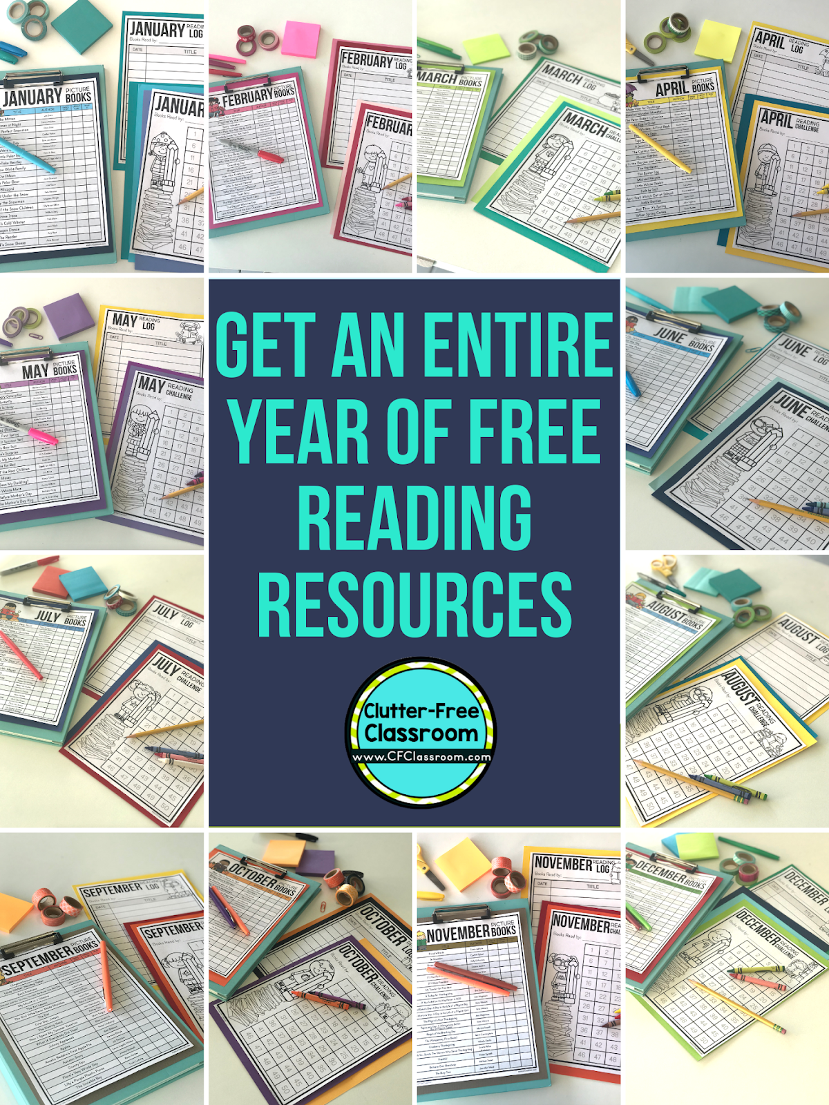 This free teaching resource includes a list of seasonal picture books for each month of the year, blank book lists for elementary teachers to record your own titles, printable reading logs for your students, and print and go monthly reading challenge charts. #booklist #readinglog #readingchallenge #readaloud #readalouds