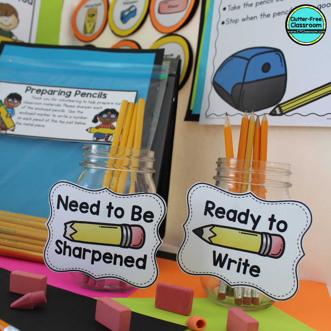 Are you in need of classroom management strategies for pencils in the classroom? Try out these Clutter Free Classroom solutions, tips, and routines for your pencil challenges! No more trying to track pencils in desks! #classroommanagement #clutterfreeclassroom