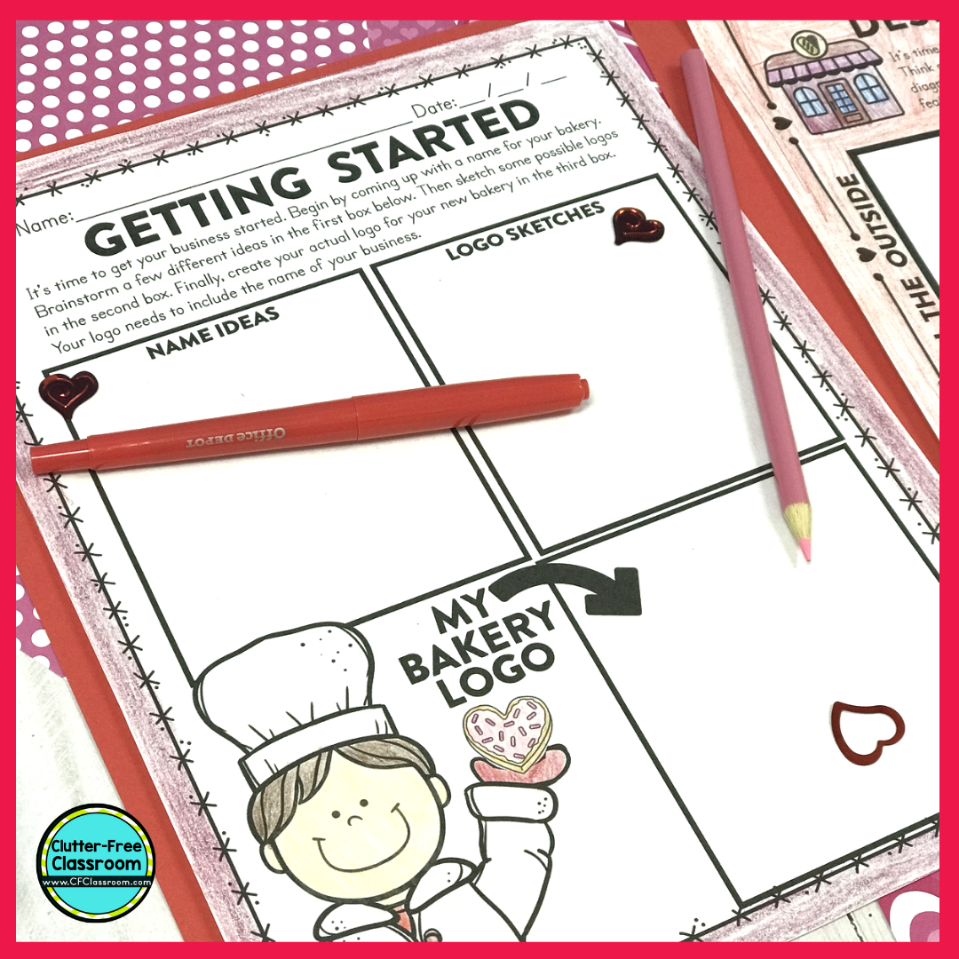 PBL worksheet, pink colored pencil and red marker for elementary students