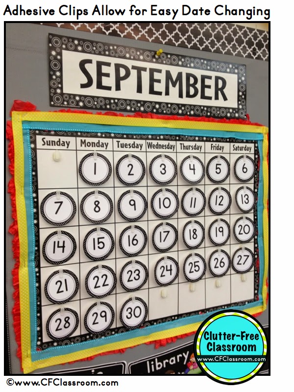 classroom calendar idea of using adhesive clips to allow for easy date changing