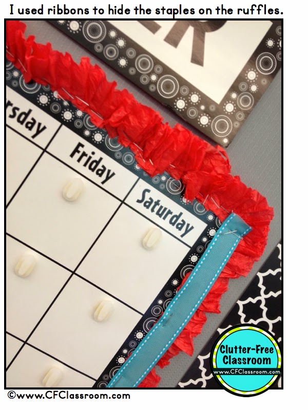 classroom calendar idea of using ribbons to hide staples on the ruffles of the calendar border