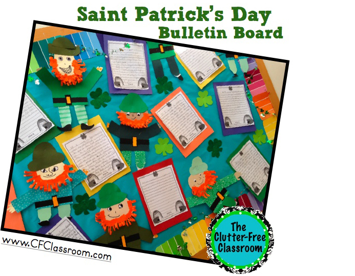 St. Patrick's Day bulletin board display with student writing and crafts