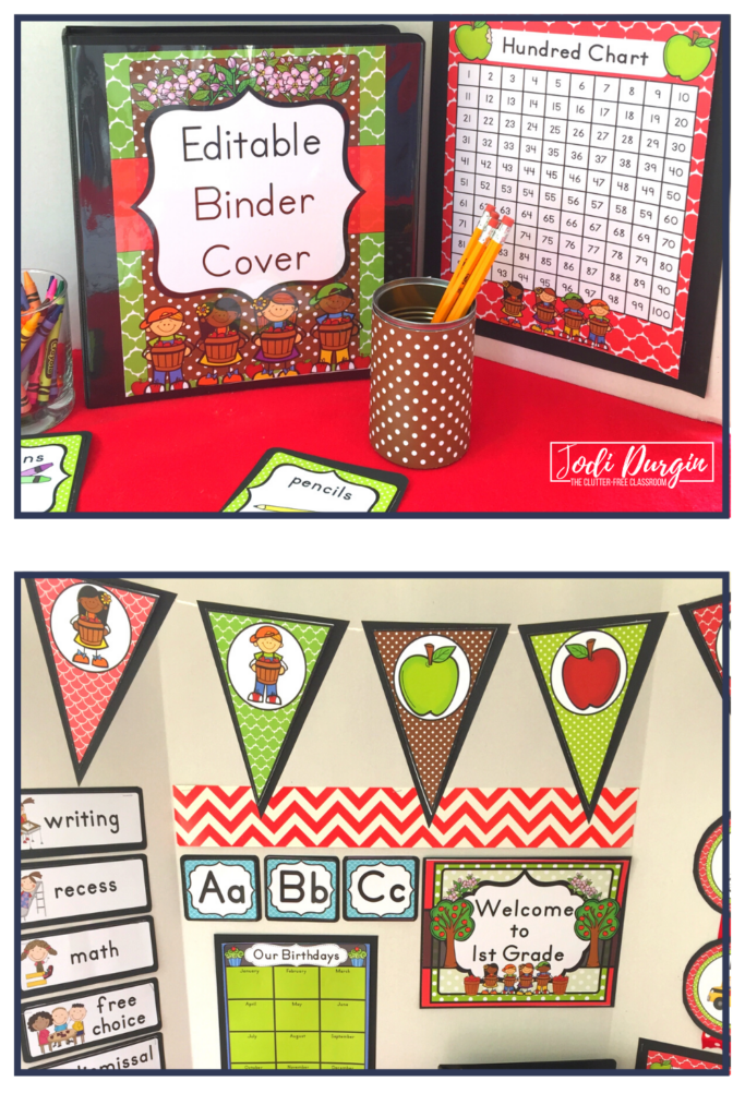 Apple themed teacher binder, student hundred chart, and decorative signs.