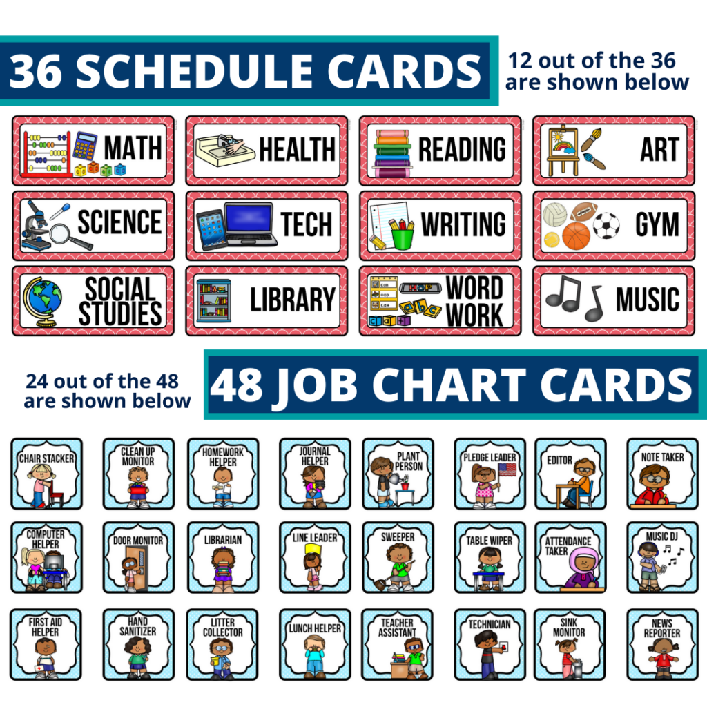 editable elementary schedule cards and job chart labels with an apple theme