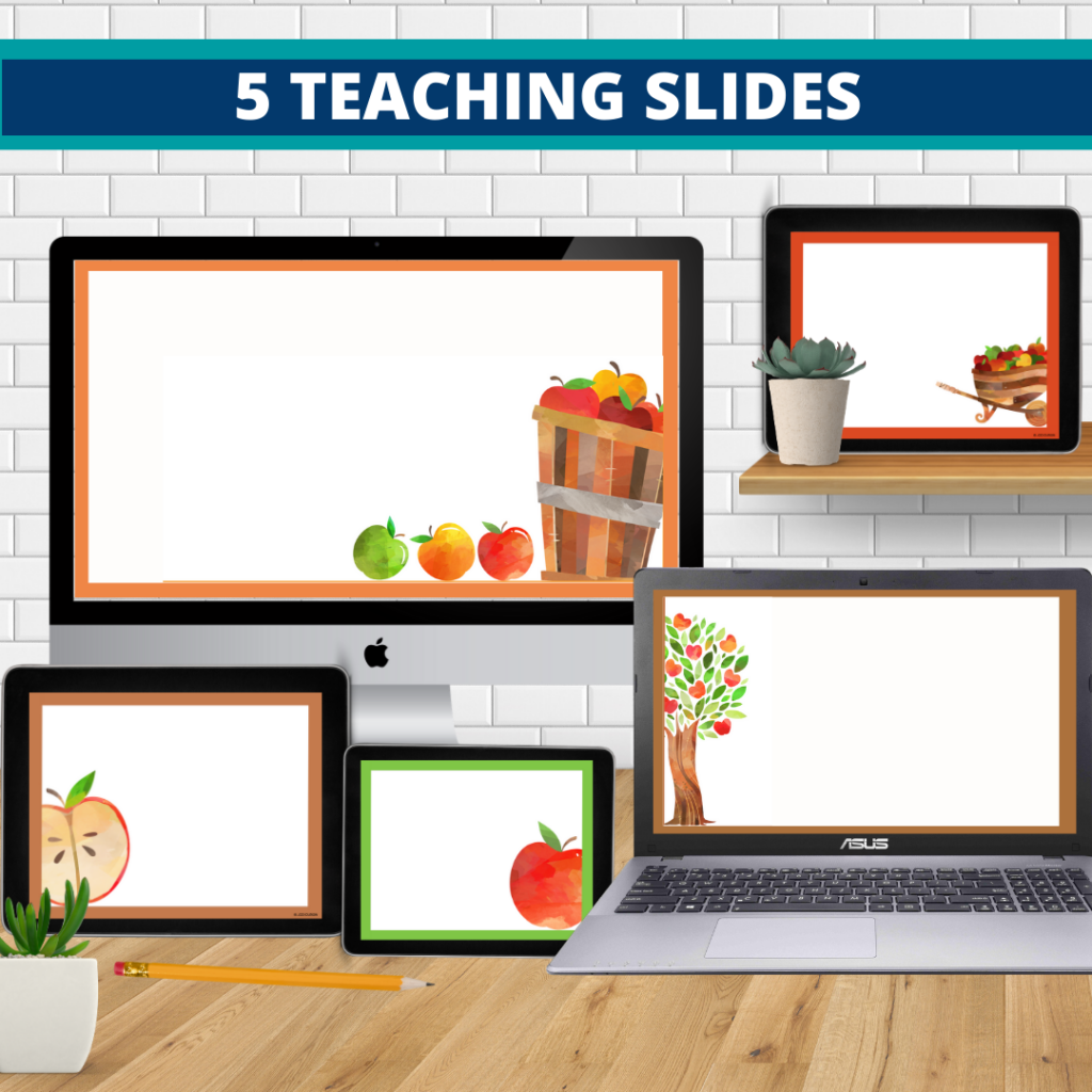 apple theme google classroom slides and powerpoint templates for elementary teachers shown on computers