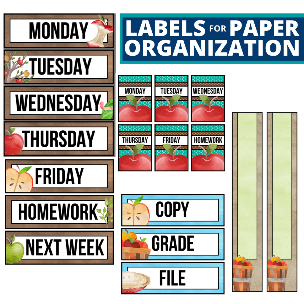 apple theme labels for paper organization in the classroom