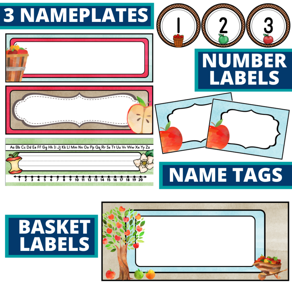 editable nameplates and basket labels for an apple themed classroom