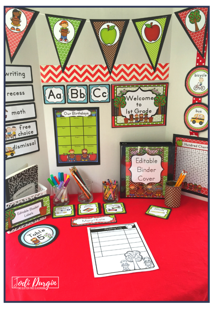 A display of apple themed decorations for an elementary classroom.