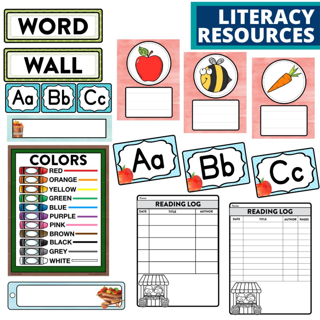 elementary classroom word wall and reading logs for an apple themed classroom