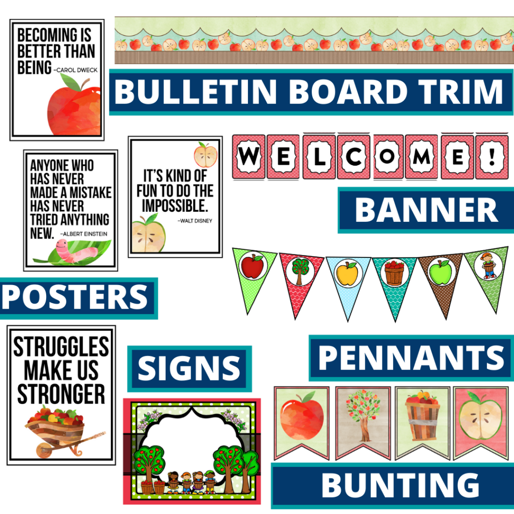 apple theme bulletin board trim with pennants, banner and bunting