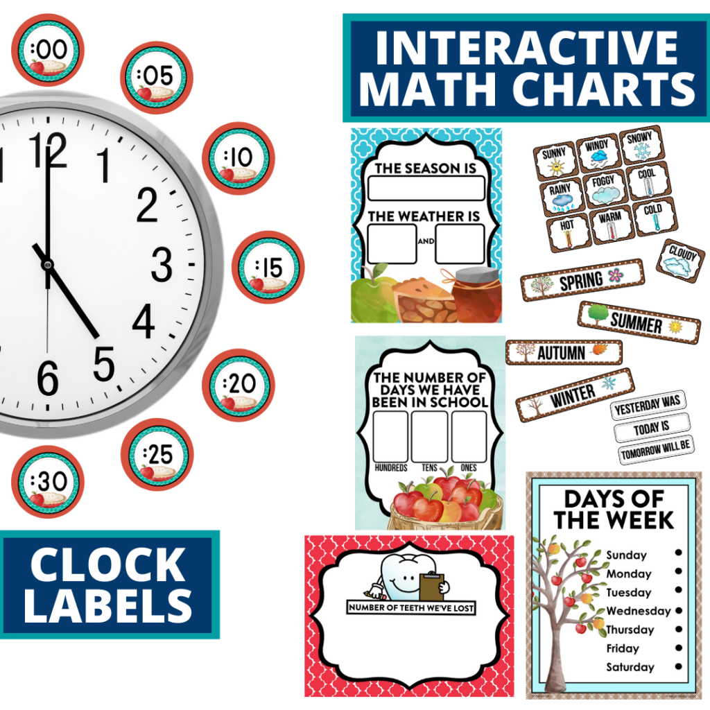 apple themed math resources for telling time, place value and the days of the week