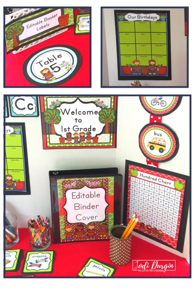 Welcome sign and teacher binder with an apple decor theme.