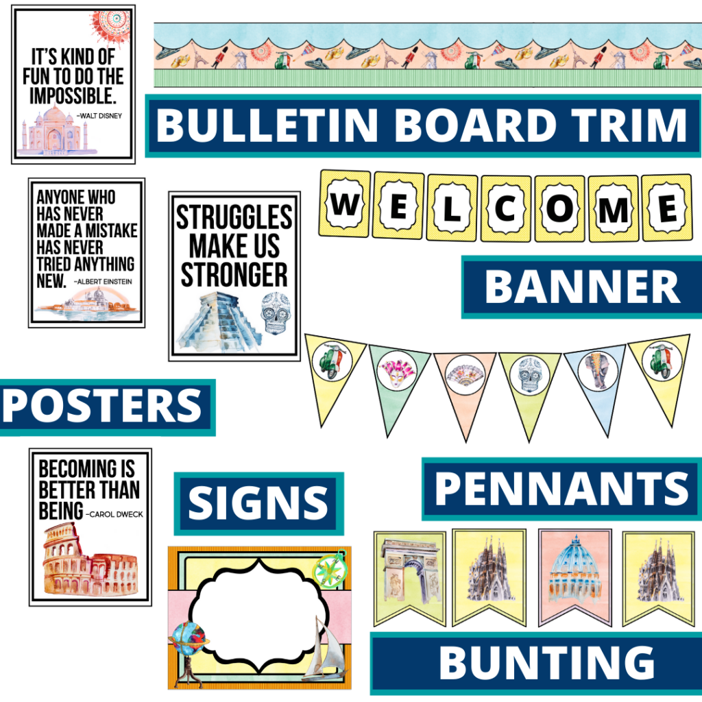 Around the World theme bulletin board trim with pennants, banner and bunting