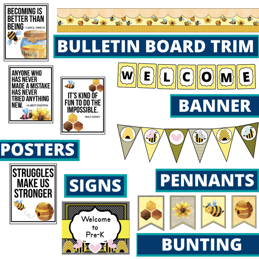 bee theme bulletin board trim with pennants, banner and bunting