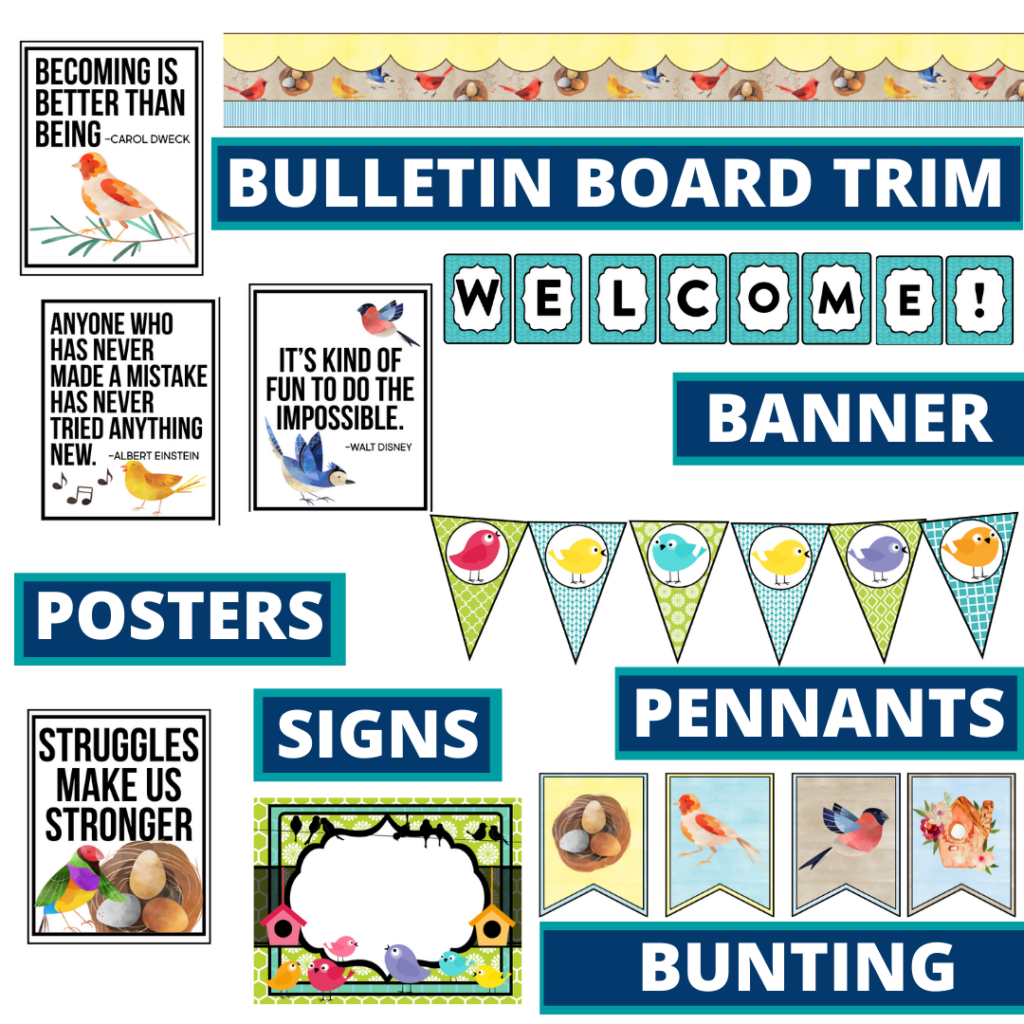 birds theme bulletin board trim with pennants, banner and bunting