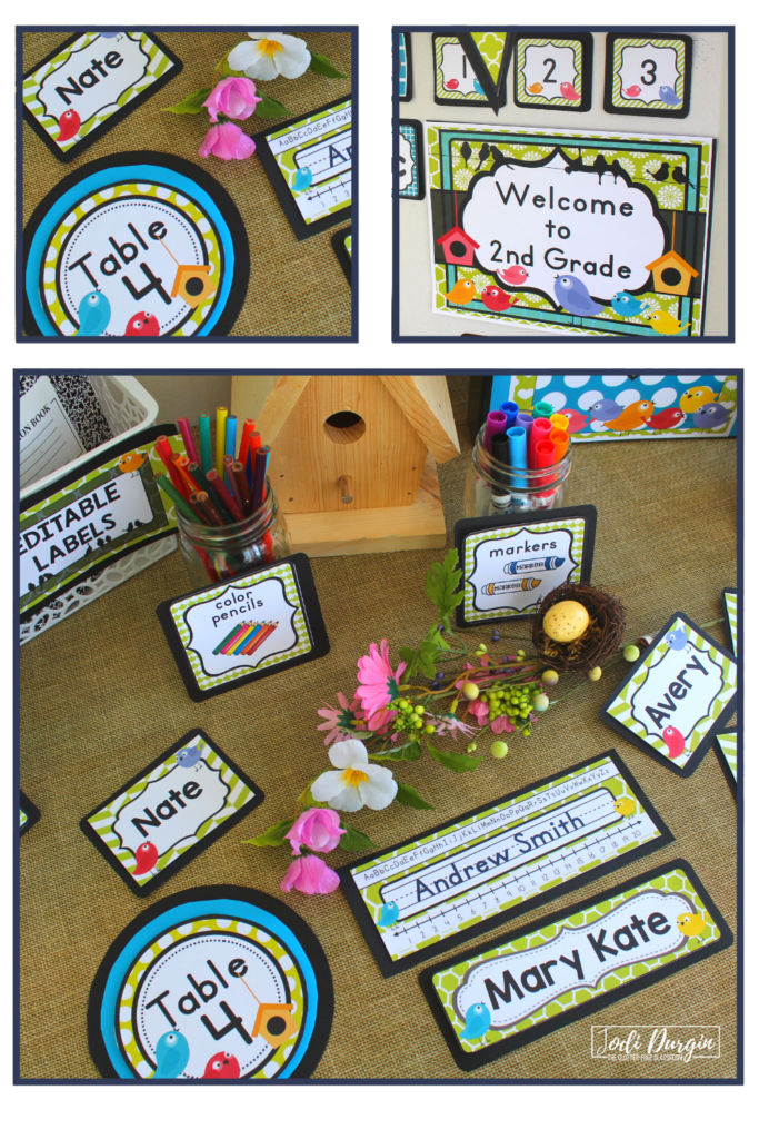 Signs and student name plates with a bird theme. 