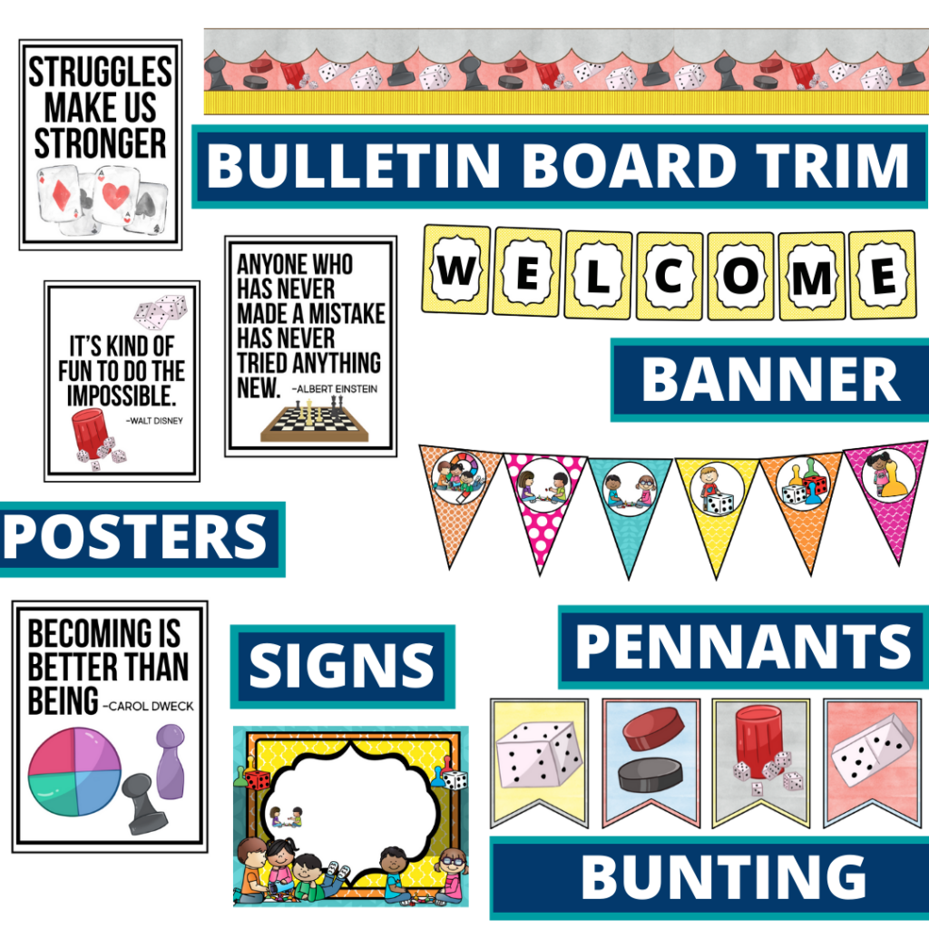 board games theme bulletin board trim with pennants, banner and bunting