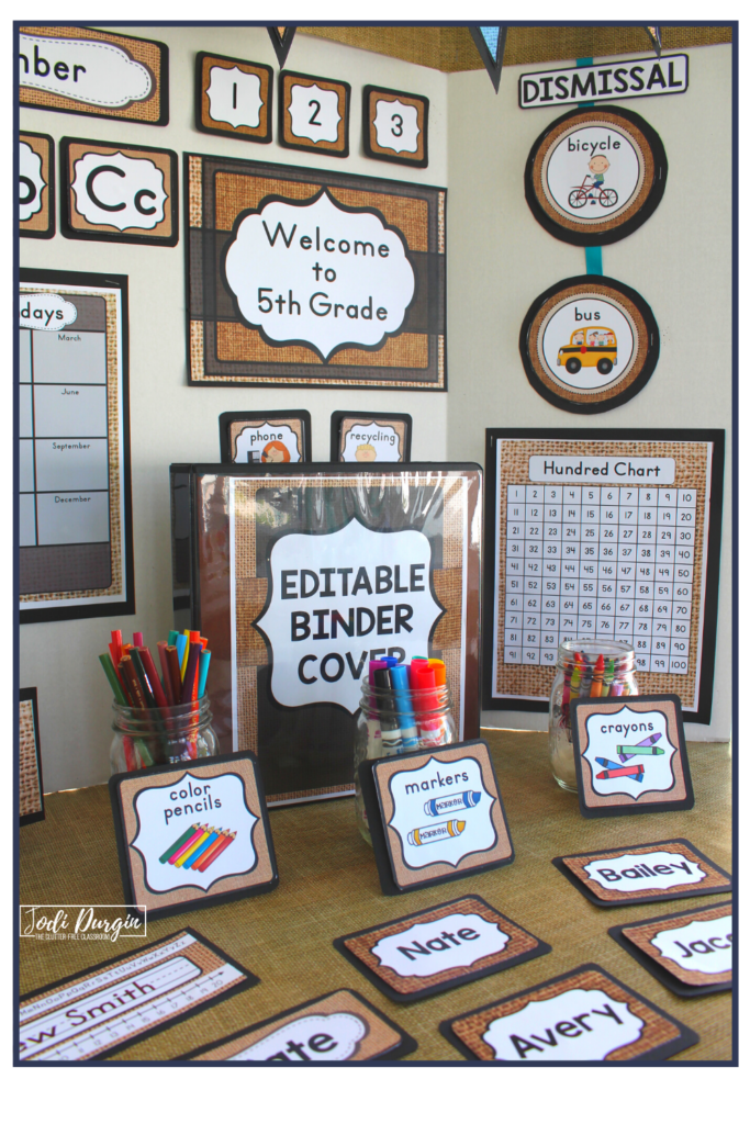 Editable resources for a burlap themed classroom. 