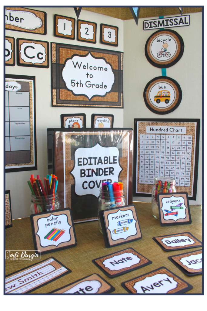 Editable resources for a burlap themed classroom.