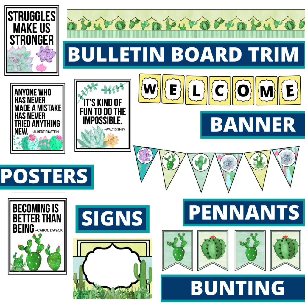 cactus theme bulletin board trim with pennants, banner and bunting