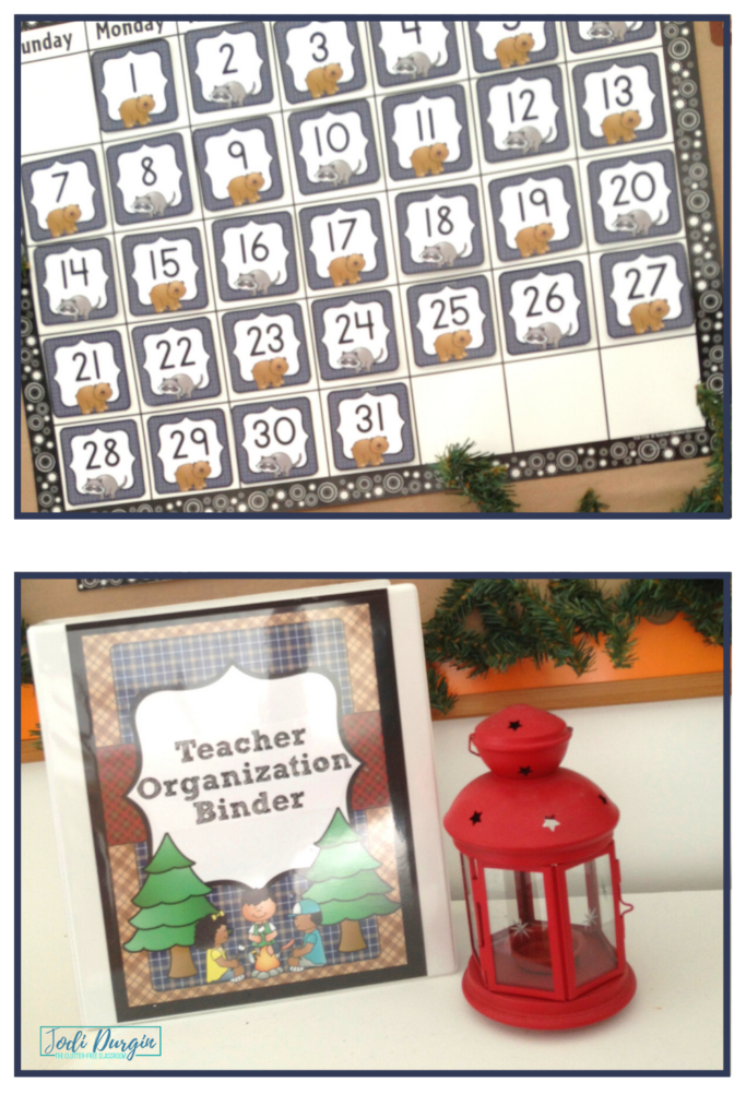 A wall calendar and teacher binder with a camping theme.