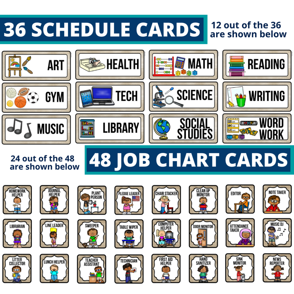editable elementary schedule cards and job chart labels with a camping theme