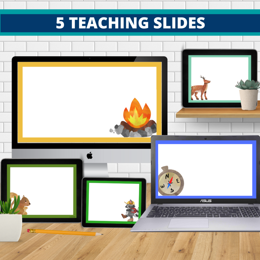 camping theme google classroom slides and powerpoint templates for elementary teachers shown on computers