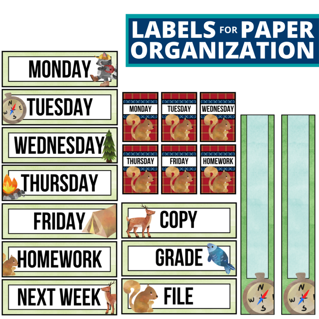camping theme labels for paper organization in the classroom