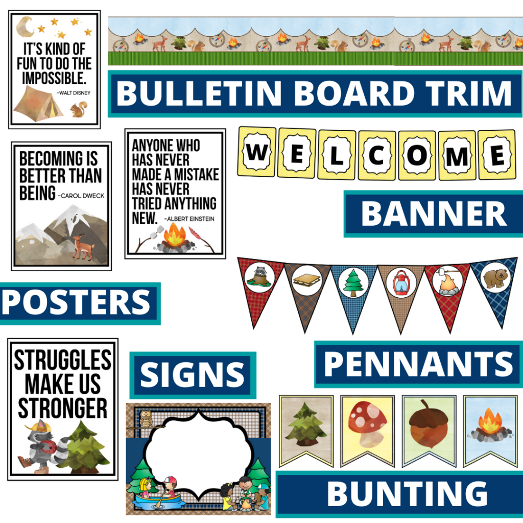 camping theme bulletin board trim with pennants, banner and bunting