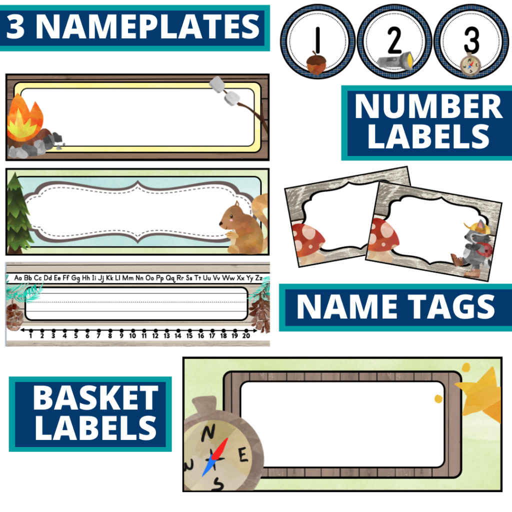 editable nameplates and basket labels for a camping themed classroom