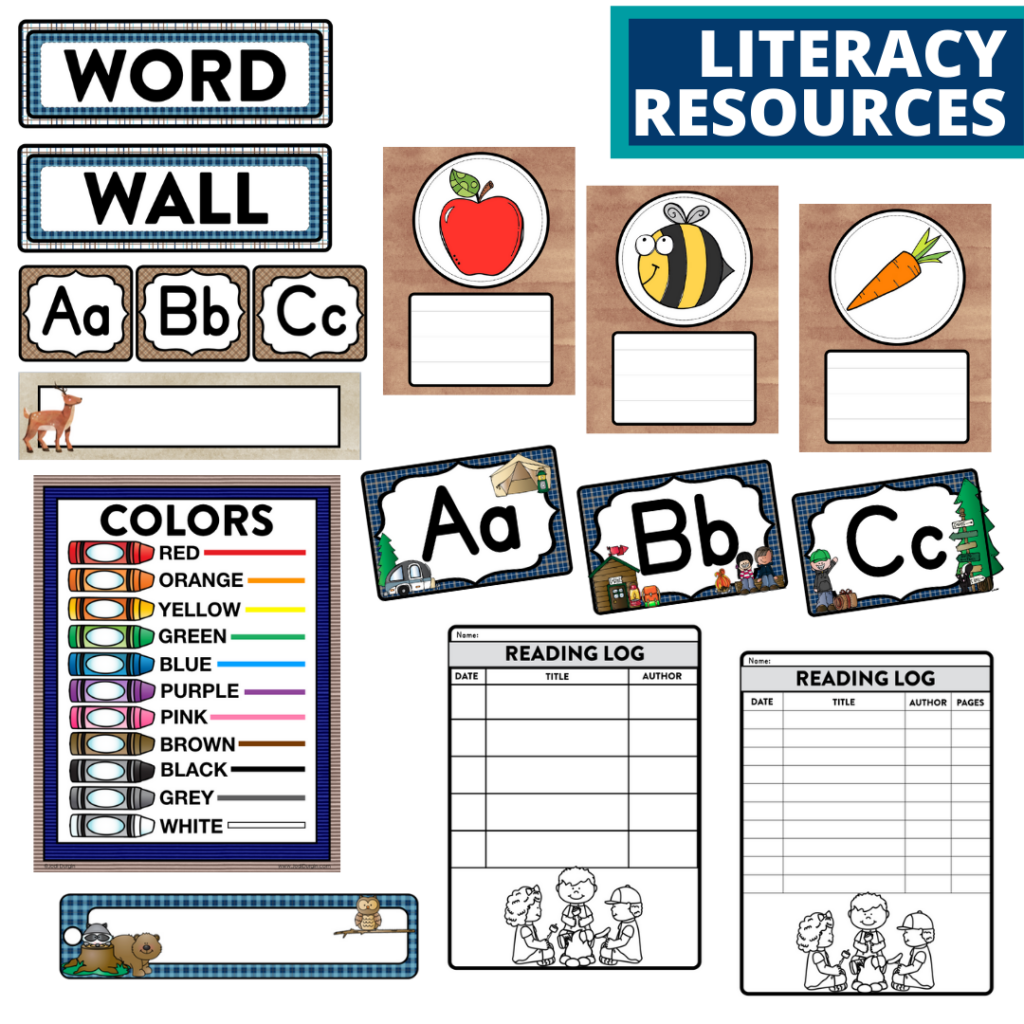 elementary classroom word wall and reading logs for a camping themed classroom