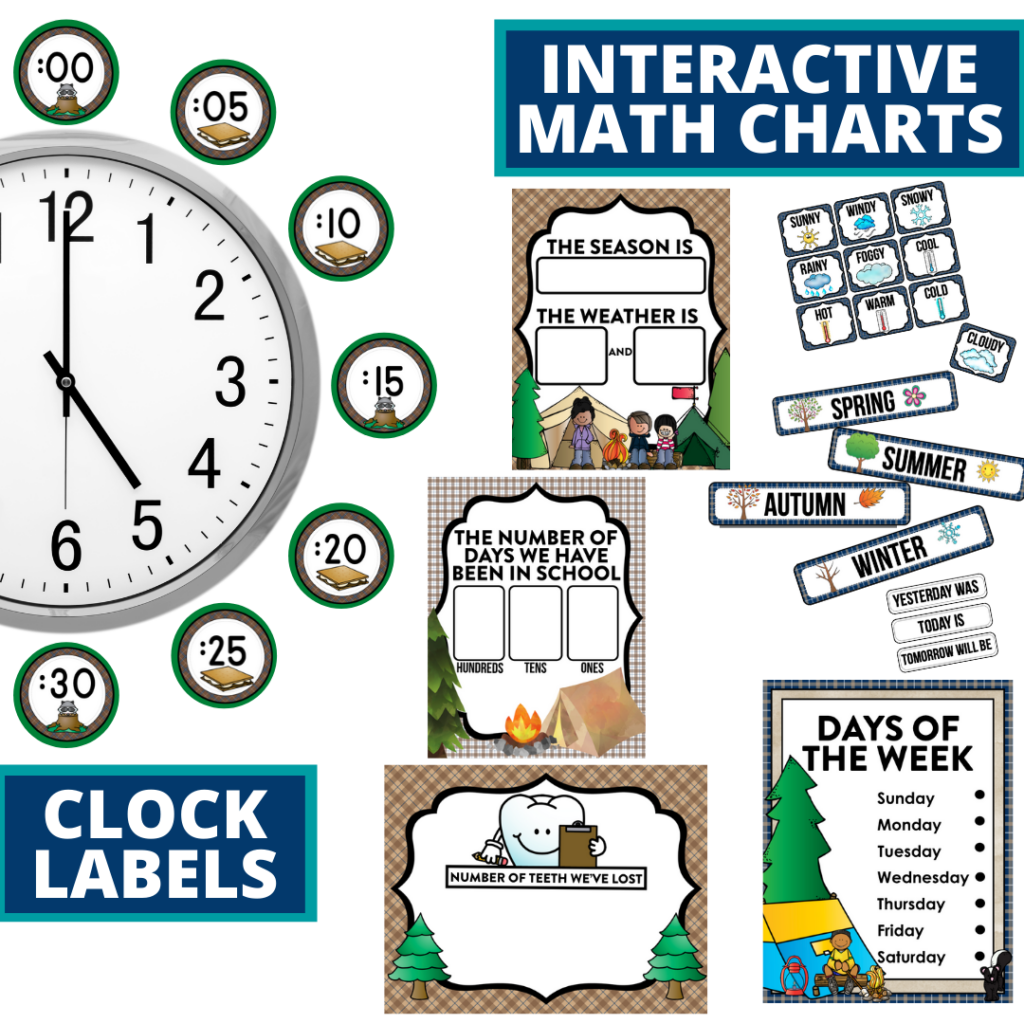 camping themed math resources for telling time, place value and the days of the week