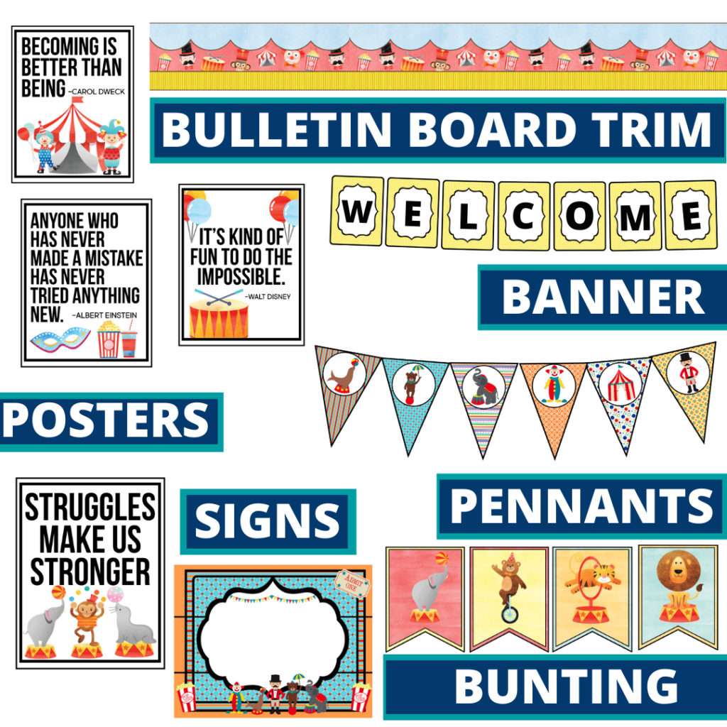 circus theme bulletin board trim with pennants, banner and bunting