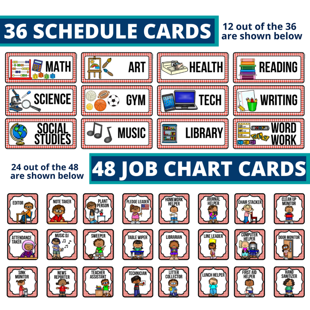 editable elementary schedule cards and job chart labels with a cooking theme